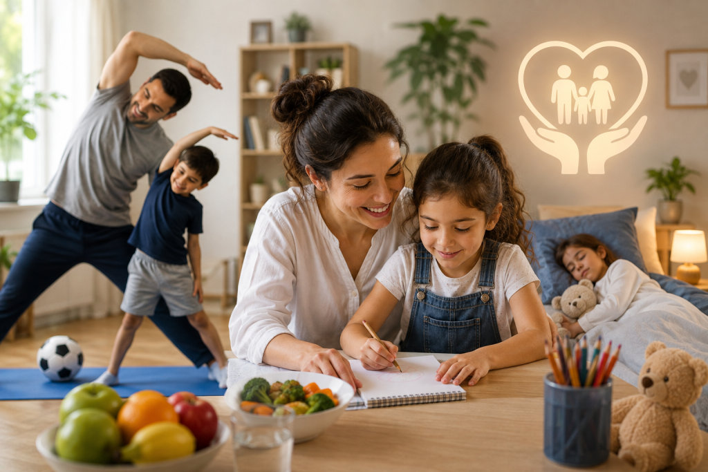 Mother supporting her child's nutrition, sleep, and emotional wellbeing at home